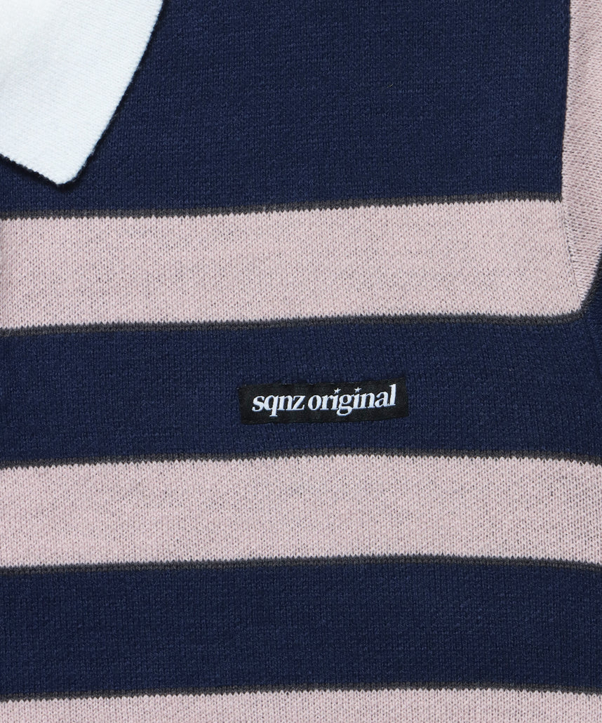 sqnz border knit / ボーダー ニット スキッパー 織ネーム ワンポイント ネイビー