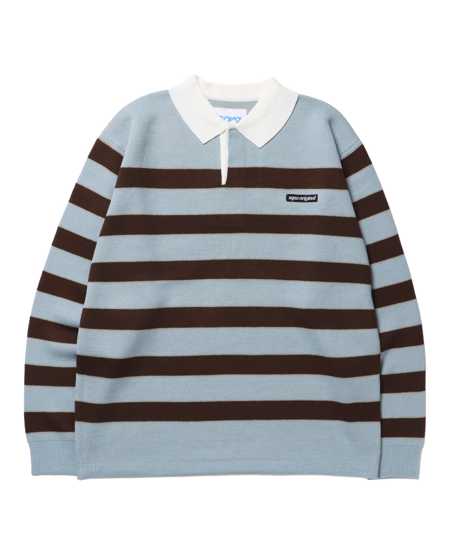 sqnz border knit / ボーダー ニット スキッパー 織ネーム ワンポイント ライトブルー