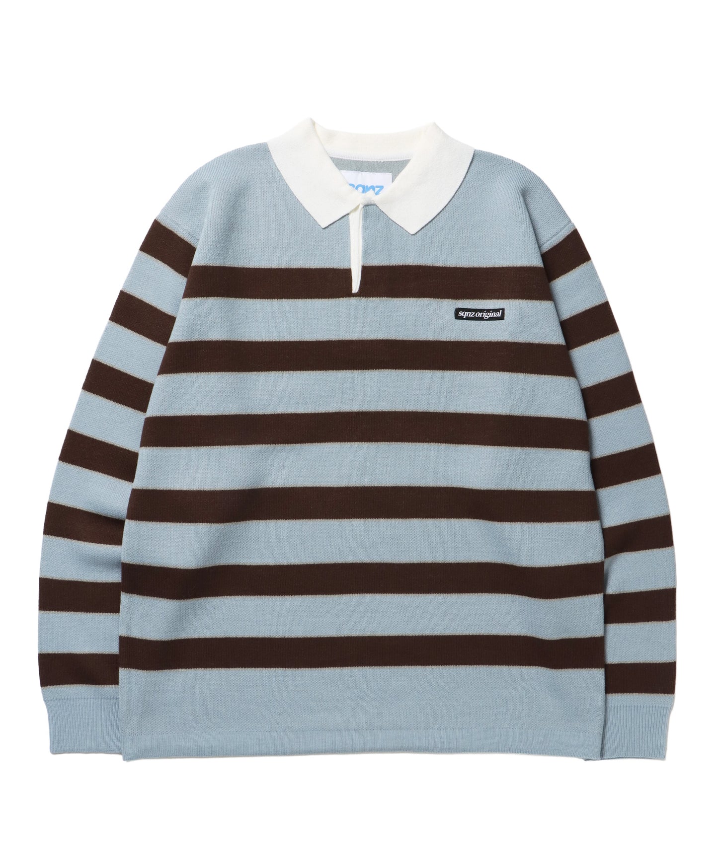 sqnz border knit / ボーダー ニット スキッパー 織ネーム ワンポイント ライトブルー