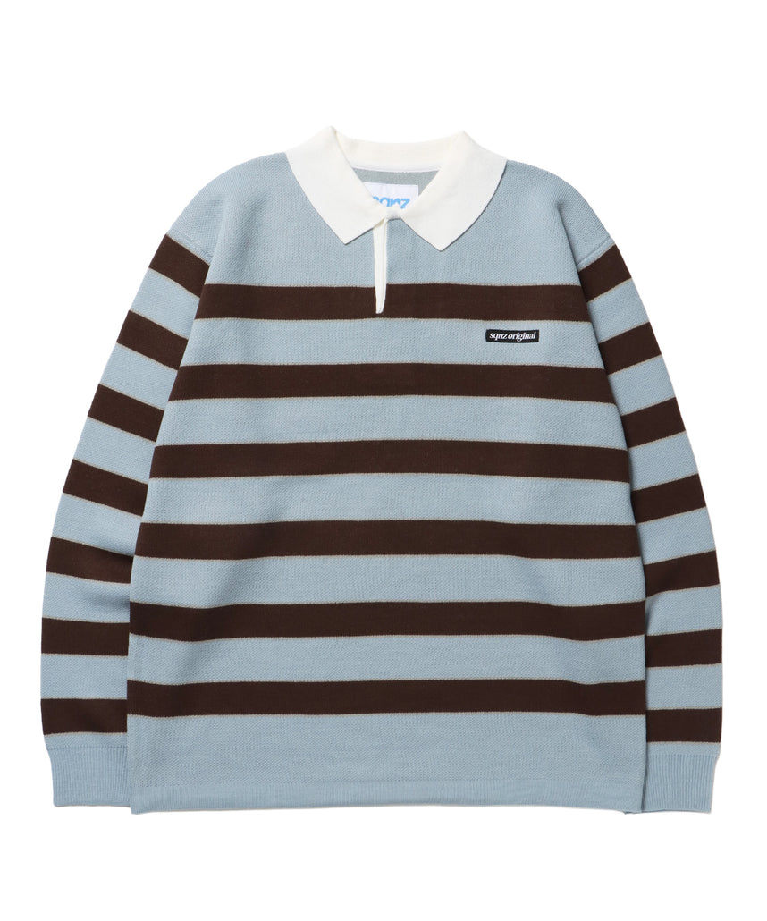 sqnz border knit / ボーダー ニット スキッパー 織ネーム ワンポイント ライトブルー