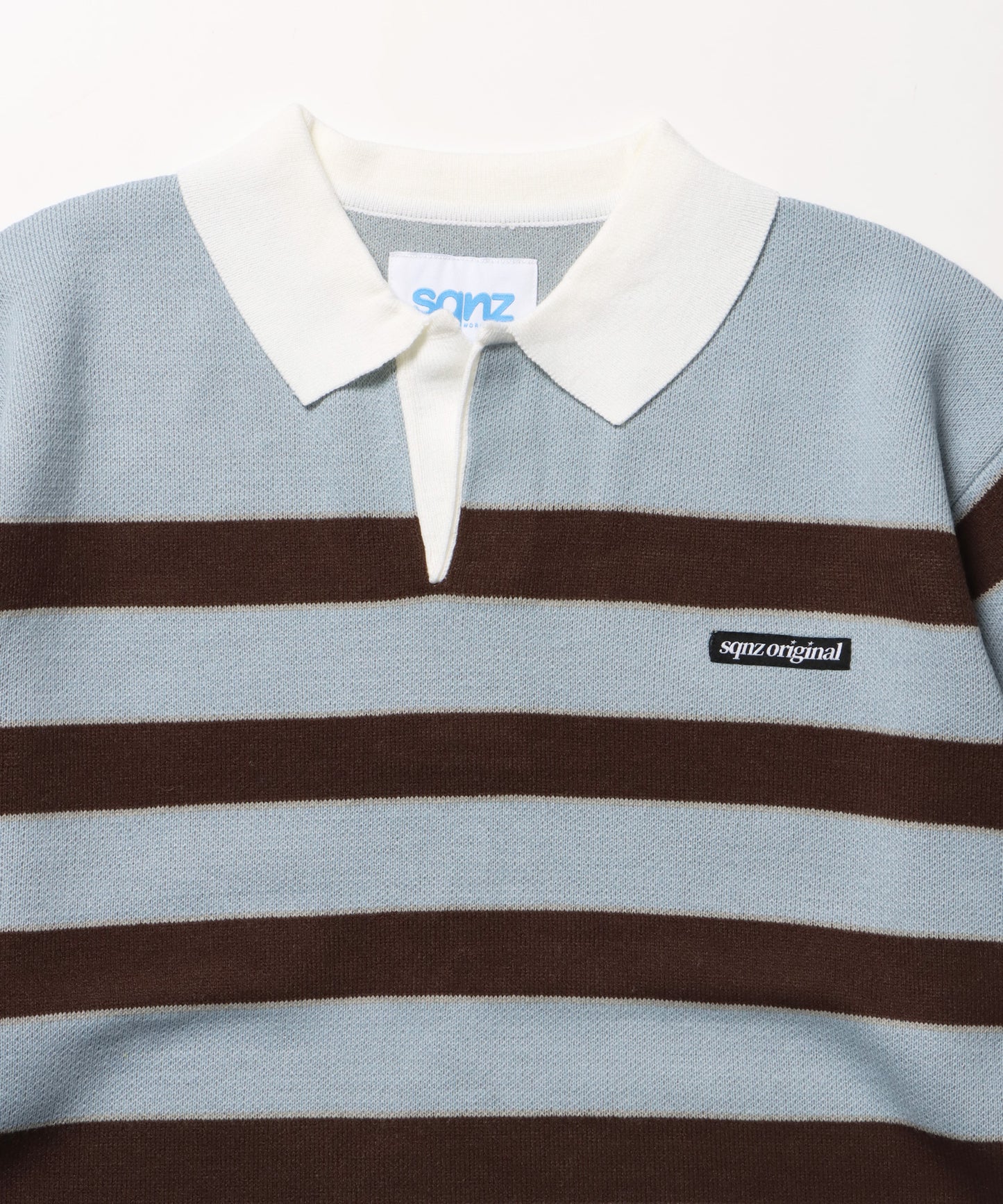 sqnz border knit / ボーダー ニット スキッパー 織ネーム ワンポイント ライトブルー