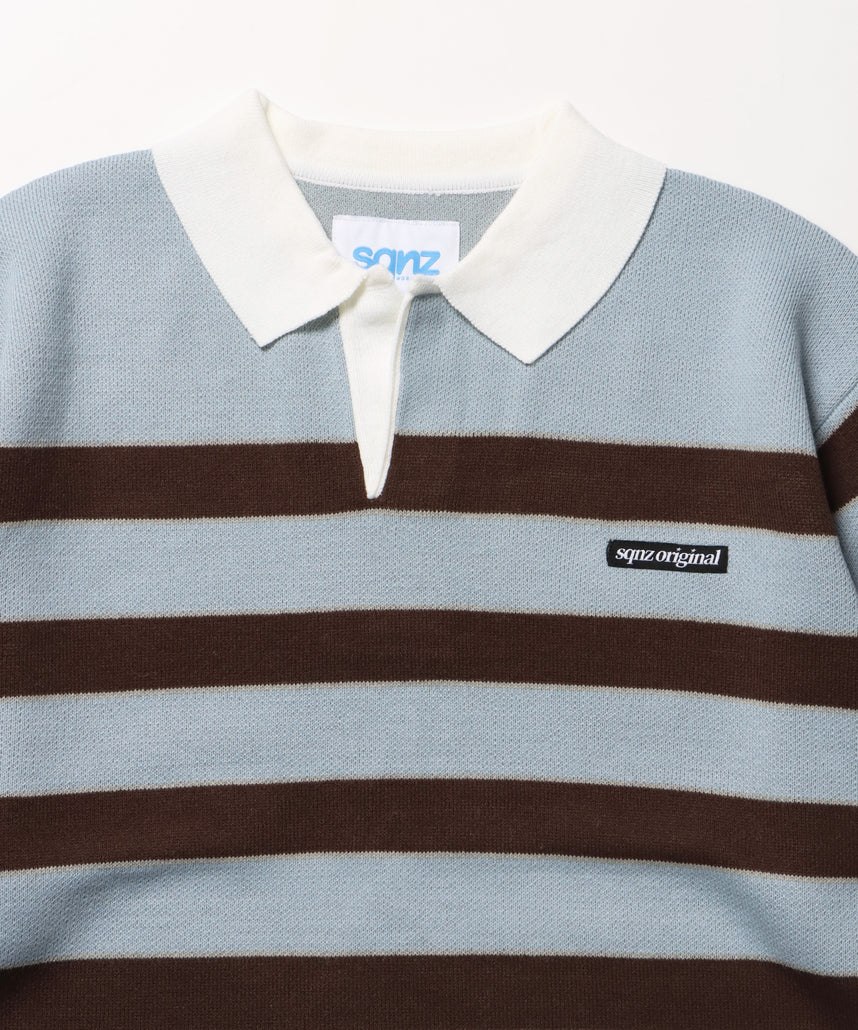 sqnz border knit / ボーダー ニット スキッパー 織ネーム ワンポイント ライトブルー