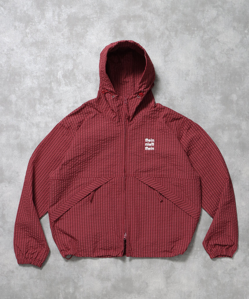 3段ロゴチェックマウンテンパーカー / ダブルジップ フーディ アウター ワンポイント レッド