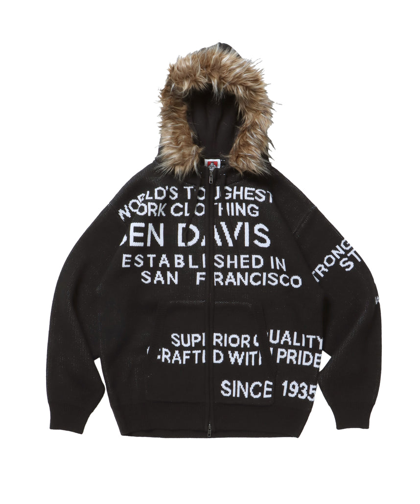 FAUX FUR TRIM KNIT JACKET / オーバーサイズ ニット ファー ジップパーカー フーディ ダブルジップ ブラック
