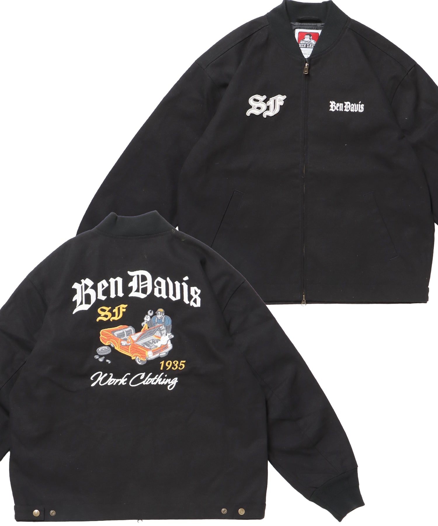 MECHANIC EMB RIBBED JACKET / ワーク ジャケット 刺繍 ジャケット ダック アウター ブラック