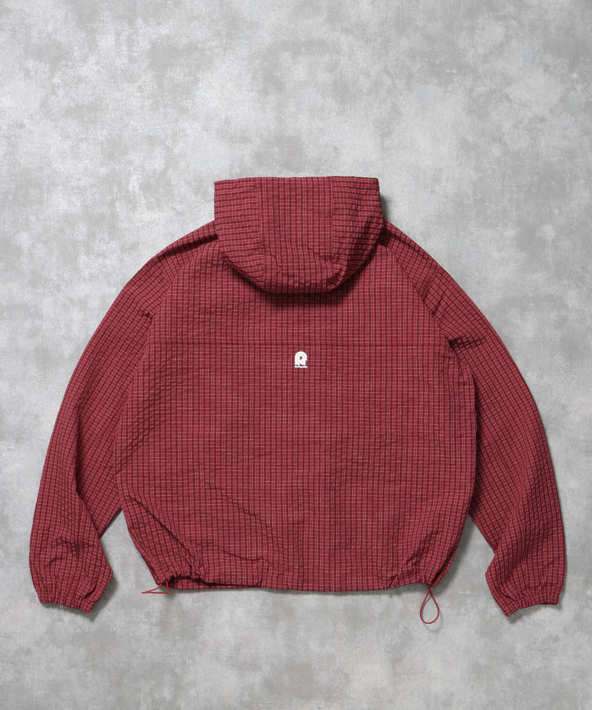 3段ロゴチェックマウンテンパーカー / ダブルジップ フーディ アウター ワンポイント レッド