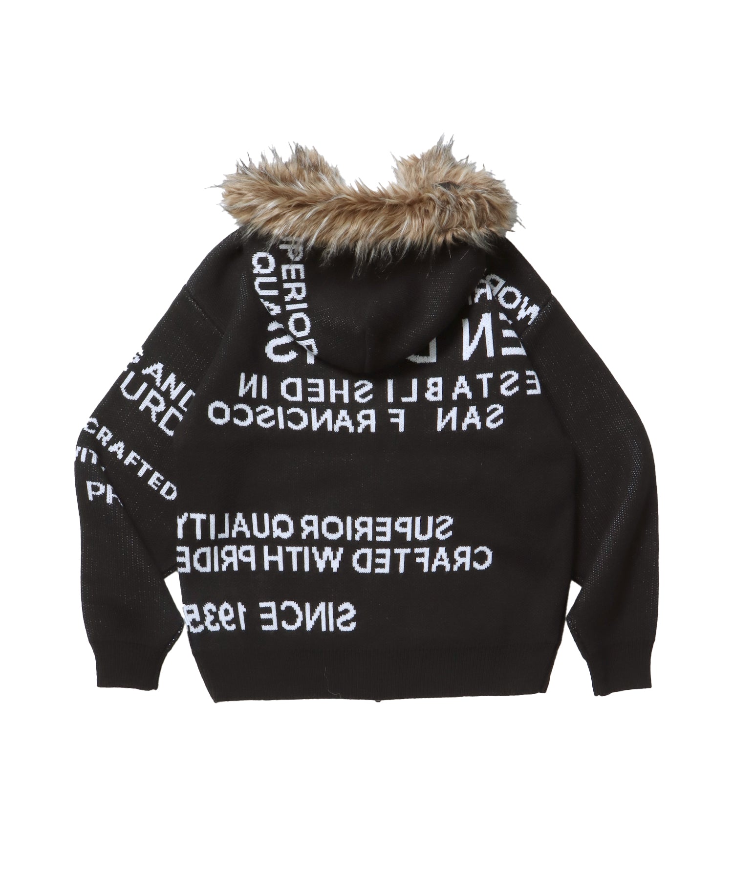 FAUX FUR TRIM KNIT JACKET / オーバーサイズ ニット ファー ジップパーカー フーディ ダブルジップ ブラック