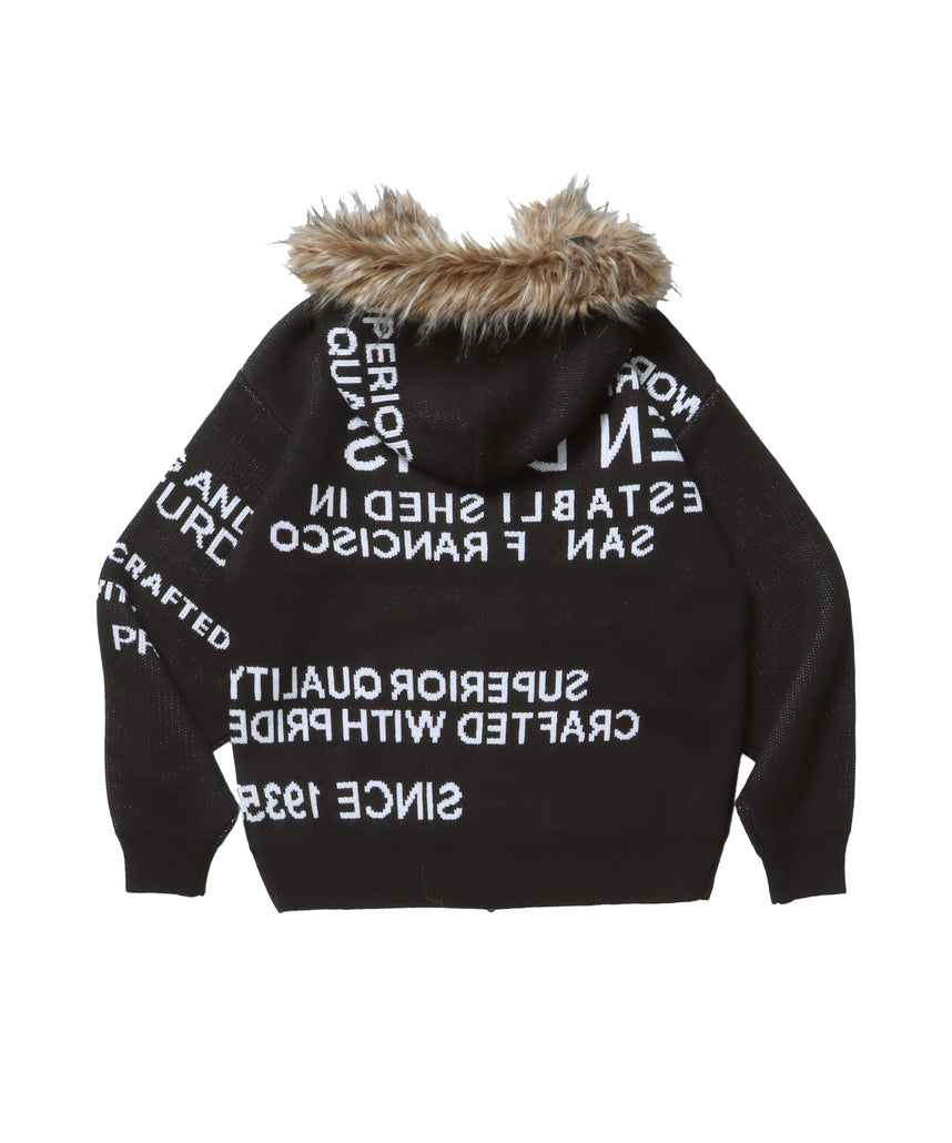 FAUX FUR TRIM KNIT JACKET / オーバーサイズ ニット ファー ジップパーカー フーディ ダブルジップ ブラック