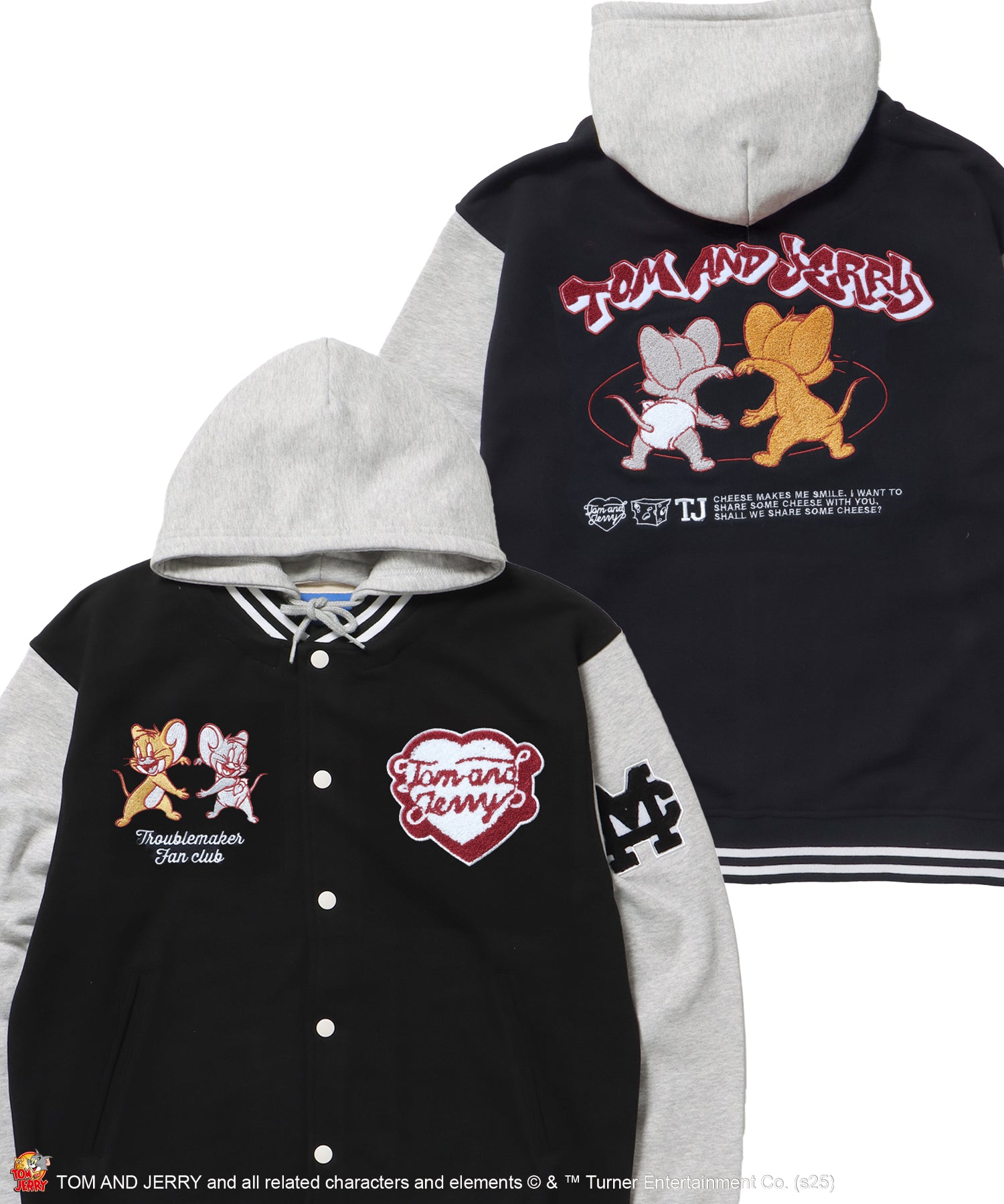 TJ HOODED STADIUM JACKET / 2WAY スタジャン フード取り外し可能 ドロップショルダー ワッペン 刺繍 ブラック