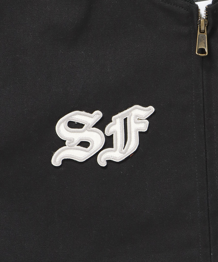MECHANIC EMB RIBBED JACKET / ワーク ジャケット 刺繍 ジャケット ダック アウター ブラック