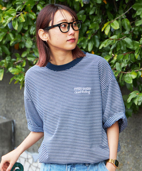 ロゴ刺繍マルチボーダー半袖Tシャツ ネイビー