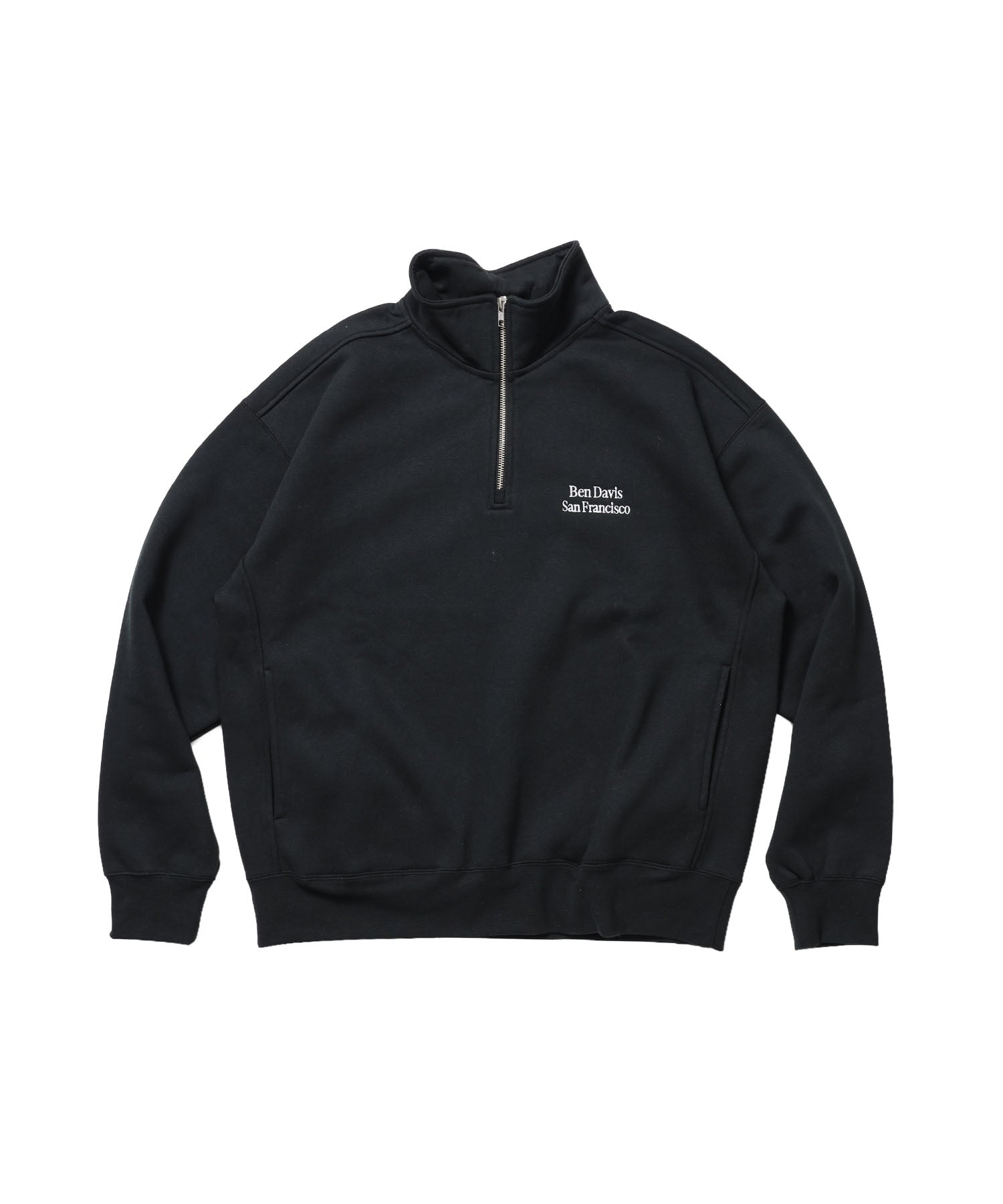 BD SWEAT HALF ZIP / スウェット ハーフジップ ワンポイント刺繍 裏起毛 サイドポケット ユニセックス ブラック