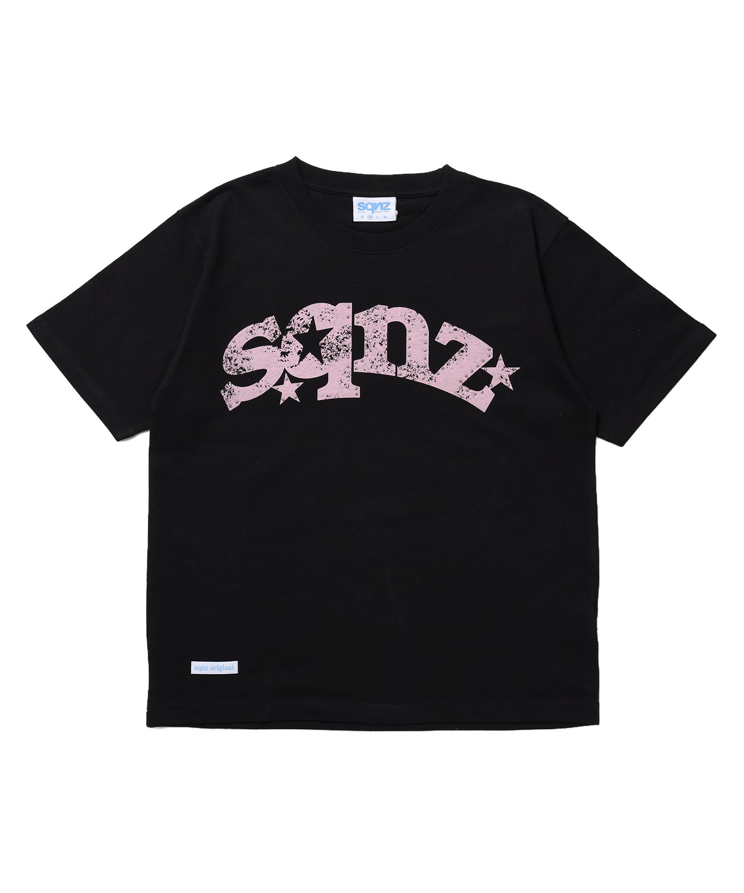 ※WEB限定 / ユニセックス / ロゴ加工風スタッズ半袖Tシャツ / sqnz studs faint logo tee / ブラック