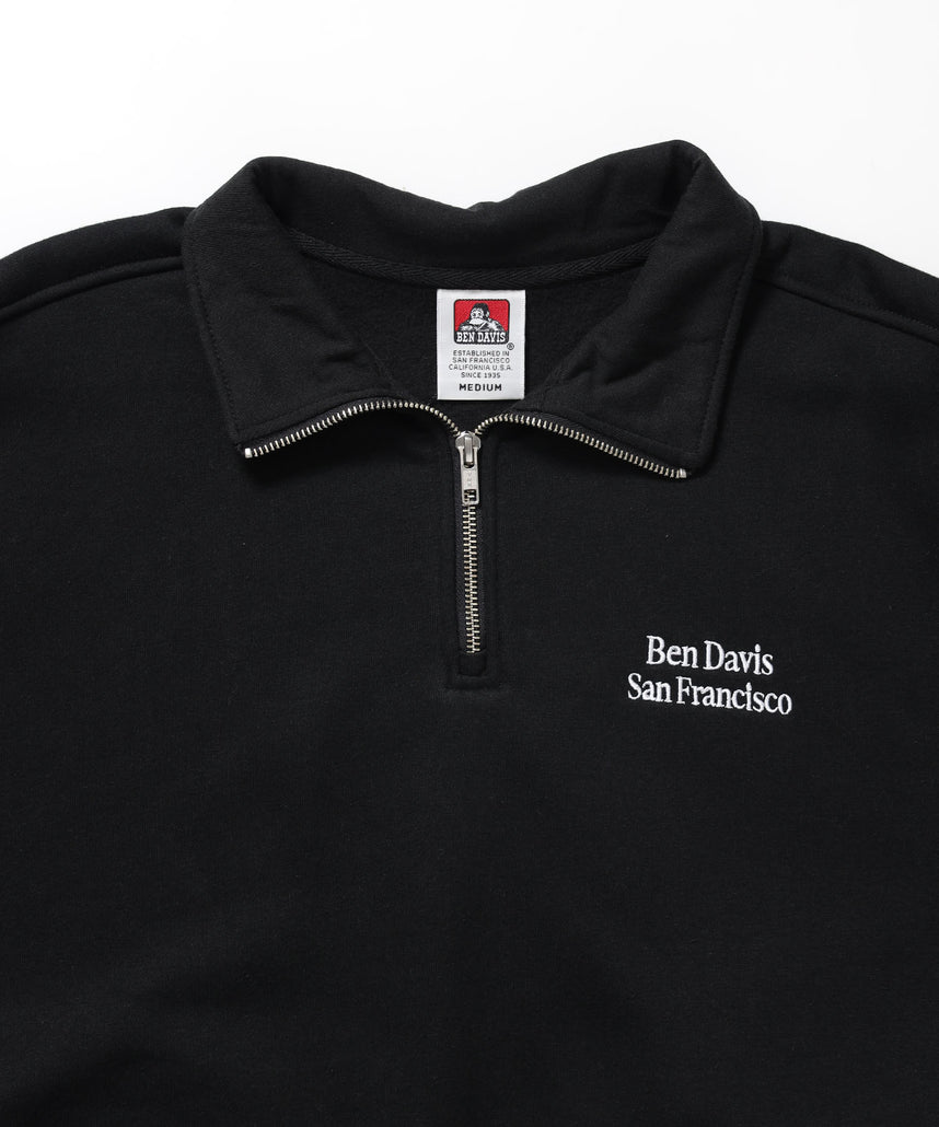 BD SWEAT HALF ZIP / スウェット ハーフジップ ワンポイント刺繍 裏起毛 サイドポケット ユニセックス ブラック