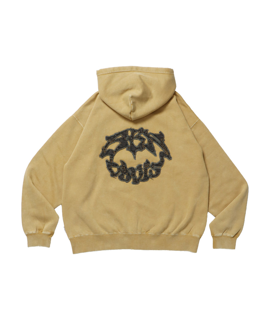 PATCHING BLEACH ZIP HOODIE / 加工 ジップパーカー ワッペン フーディ 裏起毛 マスタード