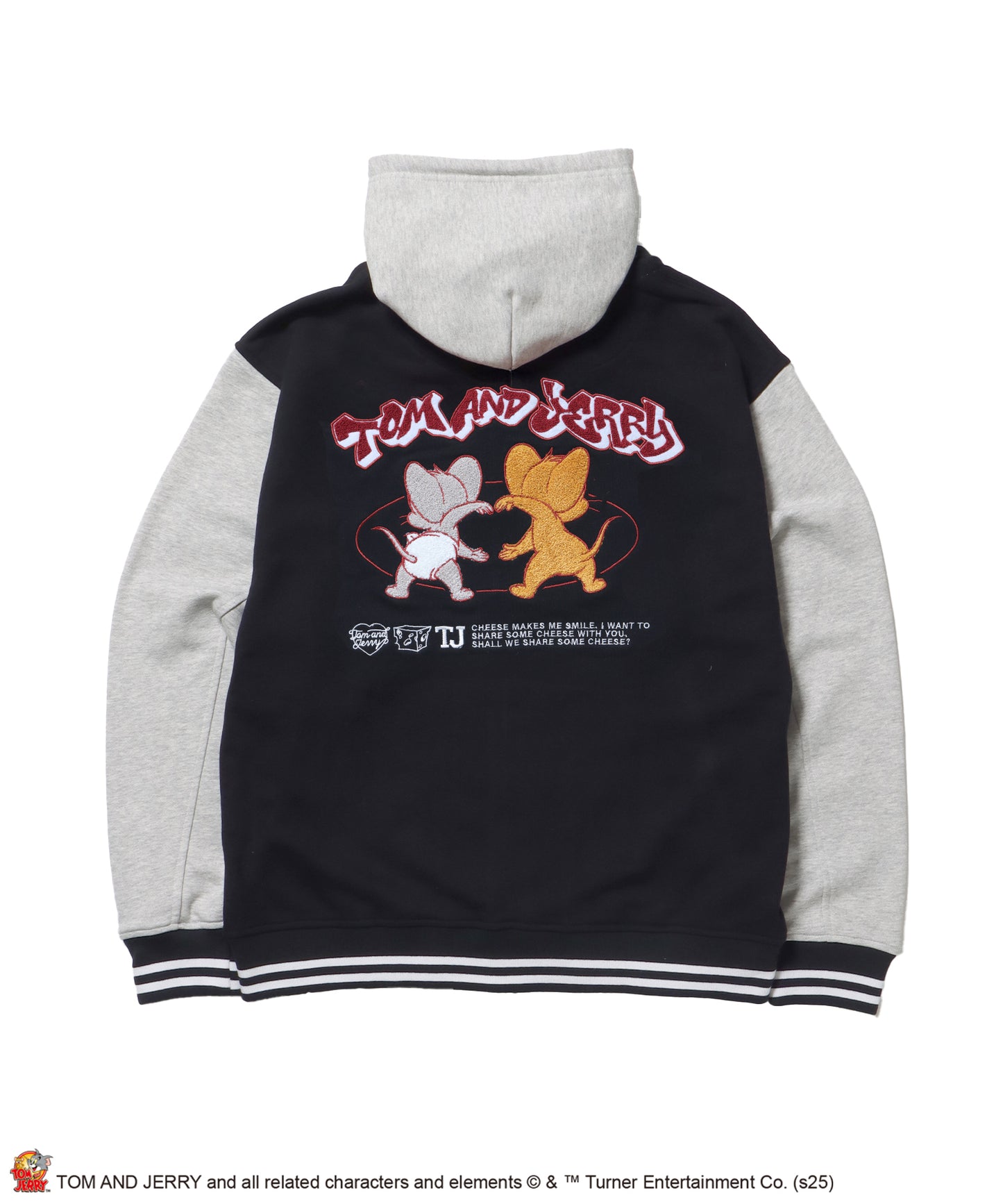 TJ HOODED STADIUM JACKET / 2WAY スタジャン フード取り外し可能 ドロップショルダー ワッペン 刺繍 ブラック