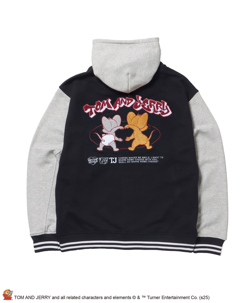 TJ HOODED STADIUM JACKET / 2WAY スタジャン フード取り外し可能 ドロップショルダー ワッペン 刺繍 ブラック