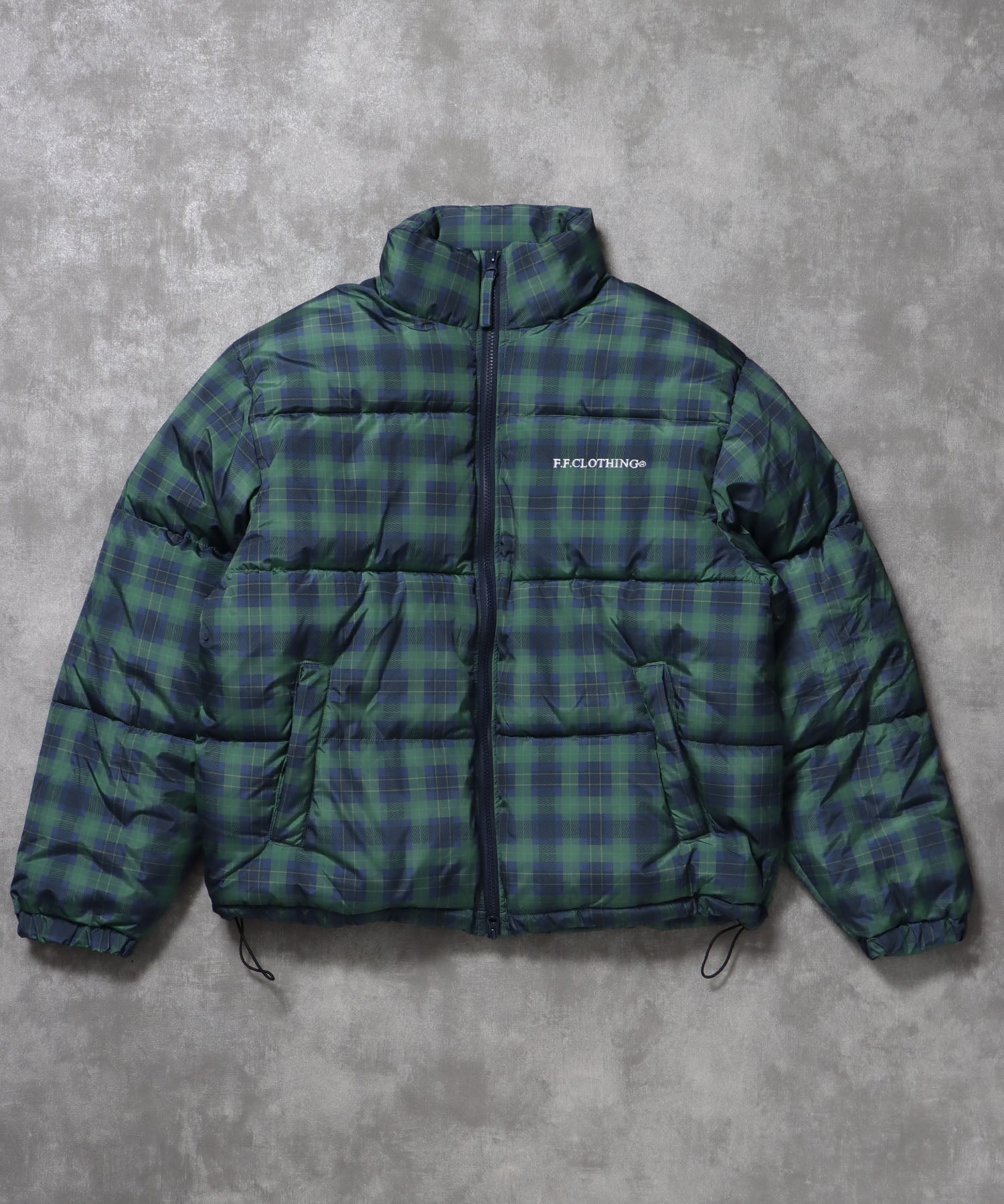 スタンドパファー中綿ダブルジップジャケット / ダウンライク ジャケット 刺繍 チェック 中綿 ドローコード 柄81