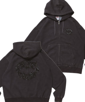 PATCHING BLEACH ZIP HOODIE / 加工 ジップパーカー ワッペン フーディ 裏起毛 ブラック