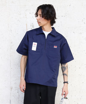 【BEN DAVIS(ベンデイビス)】1/2ZIP S/S SHIRT / ハーフジップ シャツ 半袖 クルーネック ワンポイント ピス ワンポイント 【セットアップ着用可能】 ネイビー