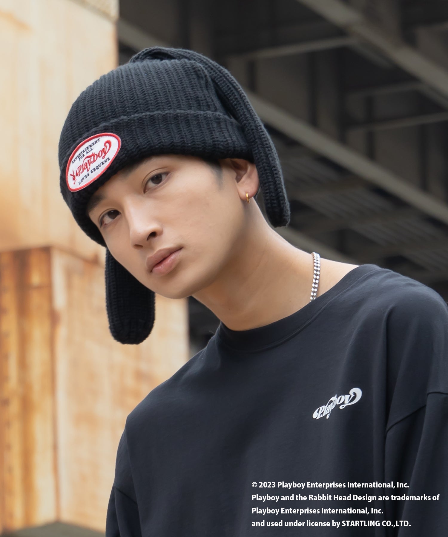 【SEQUENZ】 PLAYBOY BUNNY BEANIE / プレイボーイ うさ耳 地雷系 ワッペン バニーヘッド ニット帽 ビーニー 帽子 キャップ ブラック