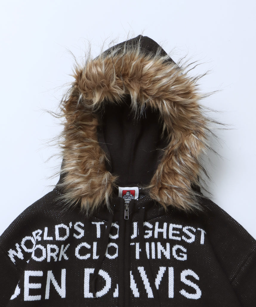 FAUX FUR TRIM KNIT JACKET / オーバーサイズ ニット ファー ジップパーカー フーディ ダブルジップ ブラック