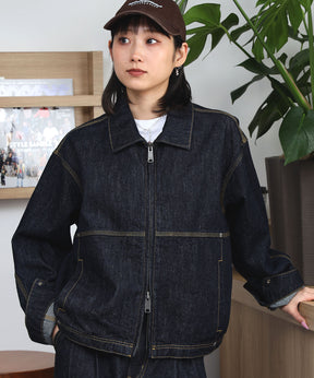 袖切り替えデニムJK / ジャケット デニム ジップ リベット ライトアウター 刺繍【セットアップ対応】 ネイビー