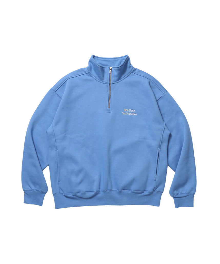 BD SWEAT HALF ZIP / スウェット ハーフジップ ワンポイント刺繍 裏起毛 サイドポケット ユニセックス スカイブルー