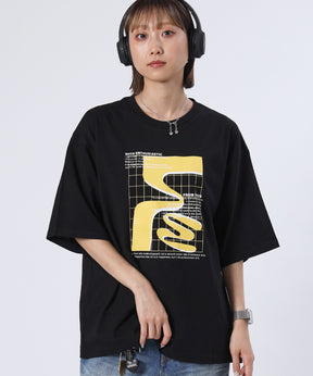 アートデザインショート丈Tシャツ / Tシャツ 短丈 クルーネック 半袖 ブラック
