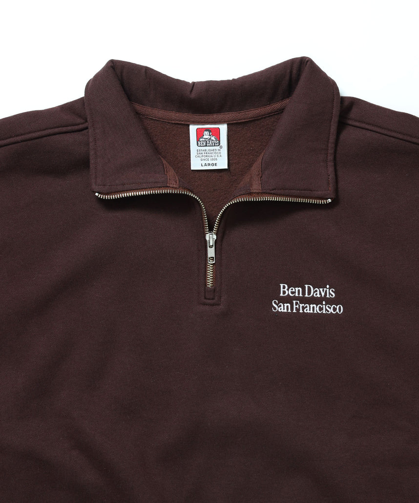 BD SWEAT HALF ZIP / スウェット ハーフジップ ワンポイント刺繍 裏起毛 サイドポケット ユニセックス ブラウン