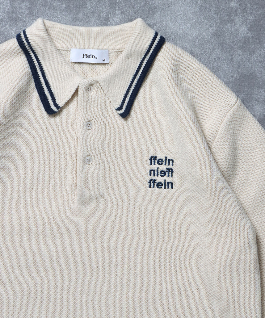 三段ロゴアソート襟ポロニット / ポロシャツ ニット ボーダー 刺繍 ワンポイント アイボリー