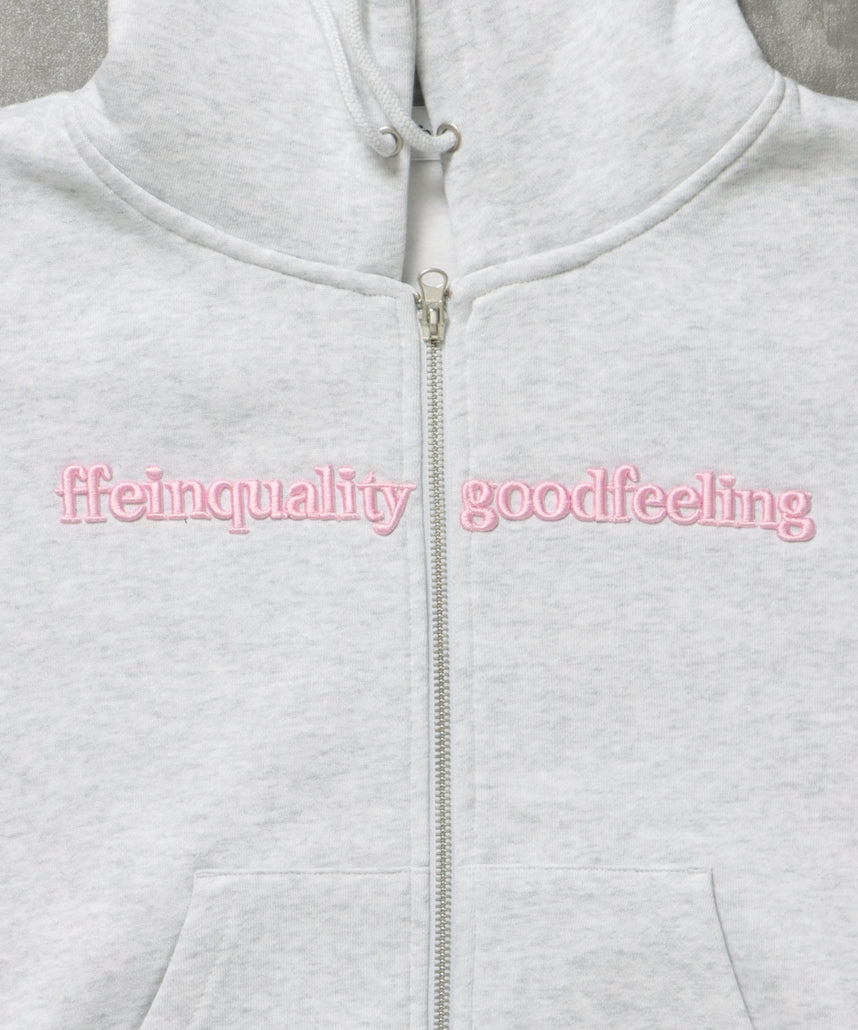 センター3D刺繍立体フードショート丈ZIPパーカー / レディース パーカー 裏起毛 ヘビーウエイト フーディ ダブルジップ 【短丈】 アッシュグレー