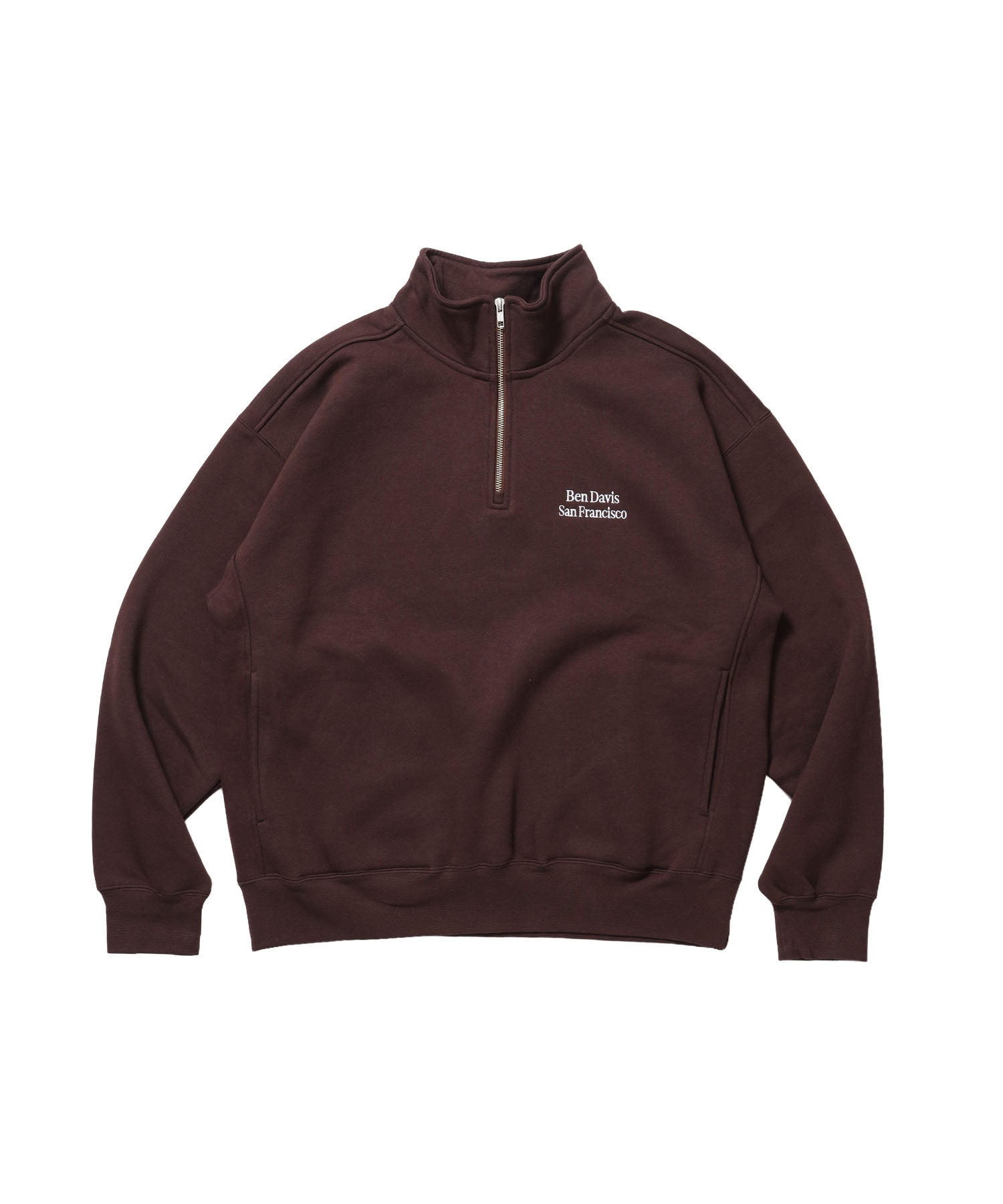 BD SWEAT HALF ZIP / スウェット ハーフジップ ワンポイント刺繍 裏起毛 サイドポケット ユニセックス ブラウン