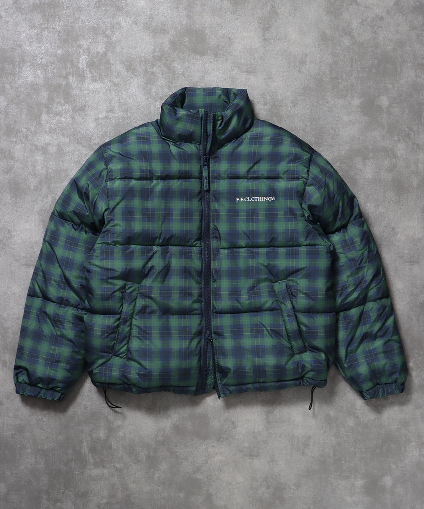 スタンドパファー中綿ダブルジップジャケット / ダウンライク ジャケット 刺繍 チェック 中綿 ドローコード 柄81