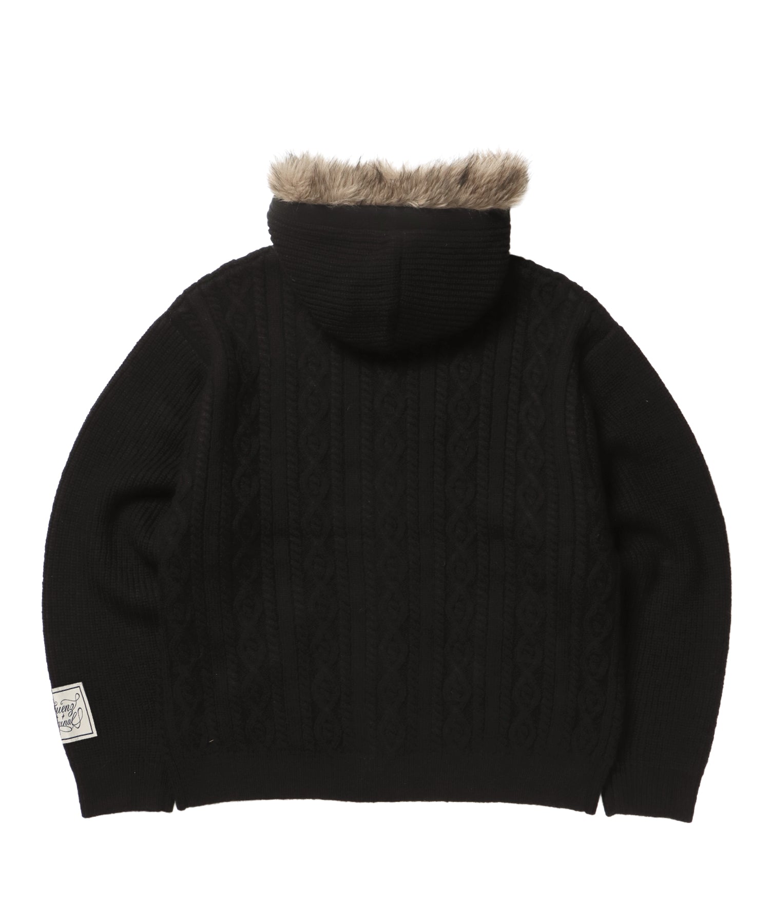 FUR CABLE KNIT ZIP-UP HOODIE / ニット ジップパーカー 刺繍 ファー ケーブルニット ブラック