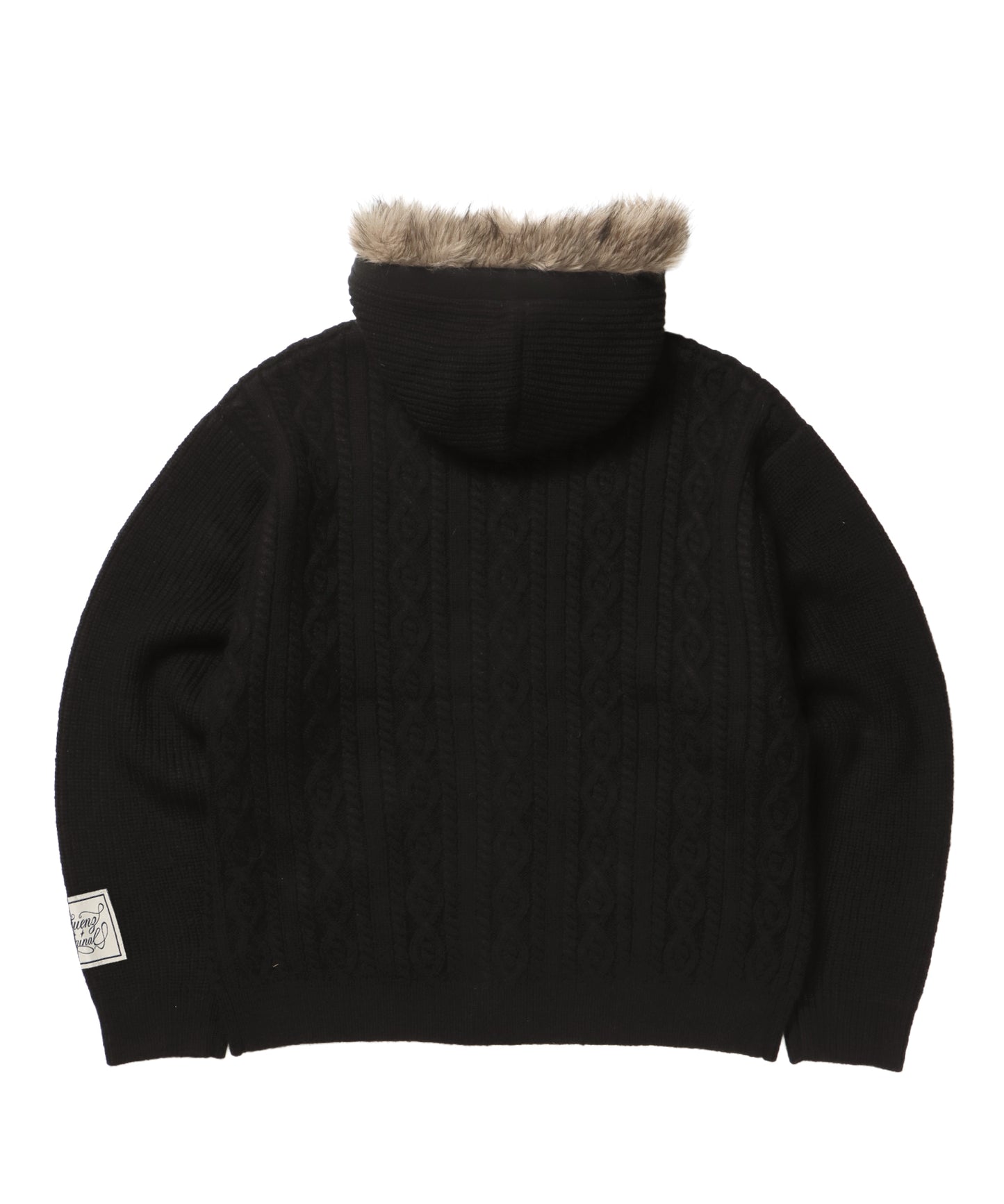 FUR CABLE KNIT ZIP-UP HOODIE / ニット ジップパーカー 刺繍 ファー ケーブルニット ブラック