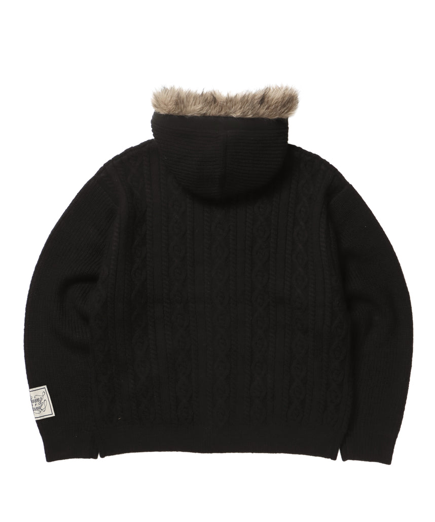 FUR CABLE KNIT ZIP-UP HOODIE / ニット ジップパーカー 刺繍 ファー ケーブルニット ブラック