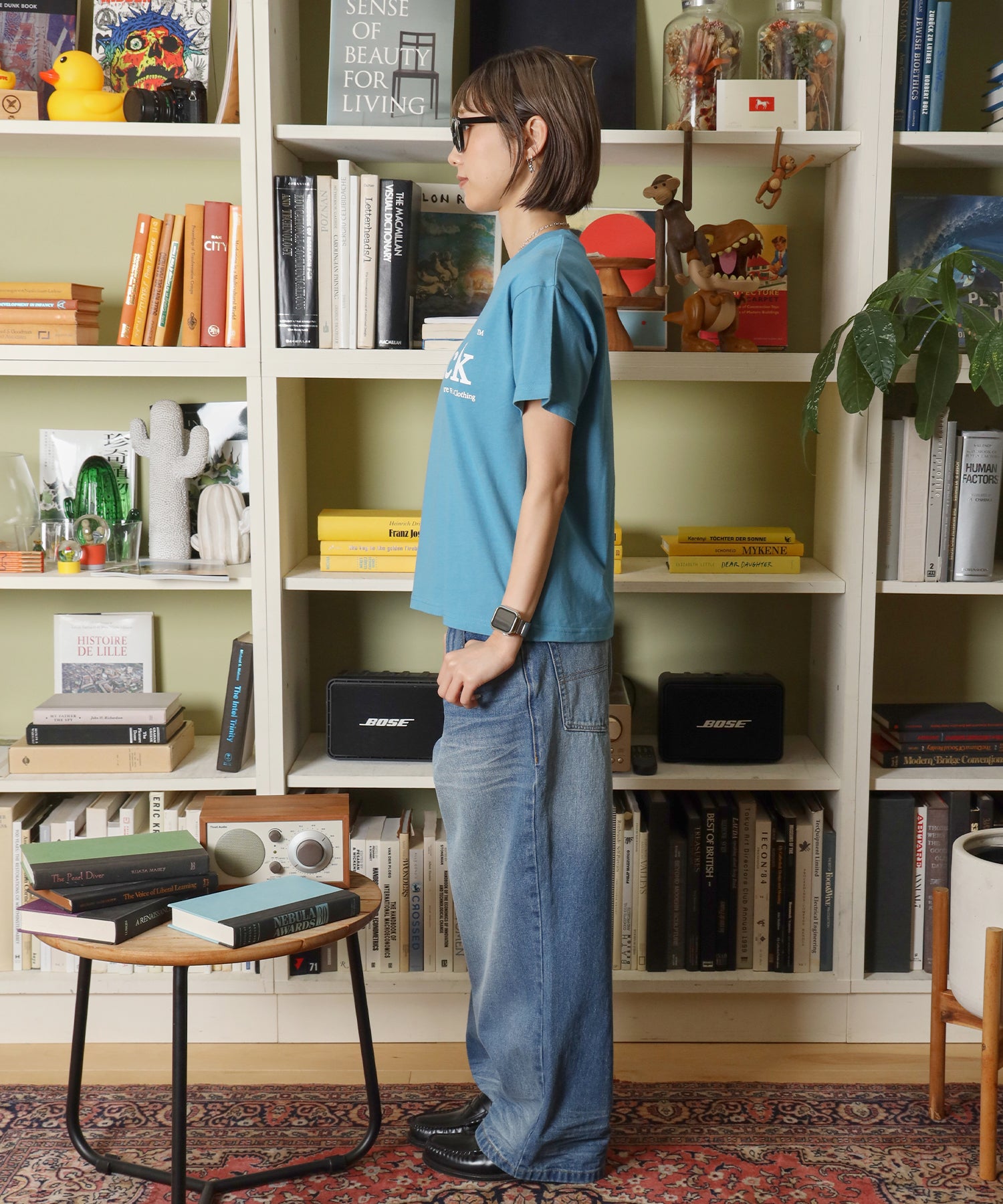 ユニバーサルロゴショート丈Tシャツ/ Tシャツ クルーネック 半袖 プリント 刺繍 チェック 【短丈】 サックスブルー
