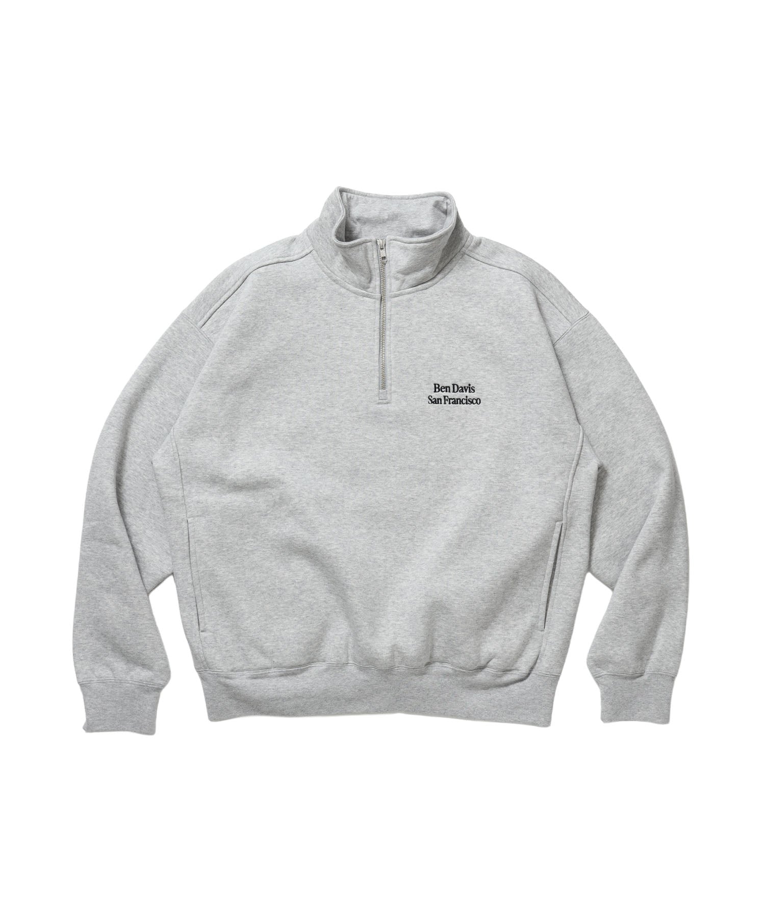 BD SWEAT HALF ZIP / スウェット ハーフジップ ワンポイント刺繍 裏起毛 サイドポケット ユニセックス グレー