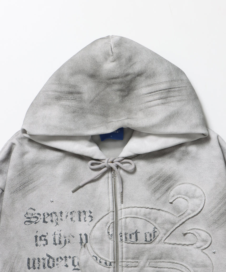 SQNZ ZIP P/K / ジップパーカー 裏起毛 フーディ スタッズ 加工 ワッペン プリント ライトグレー