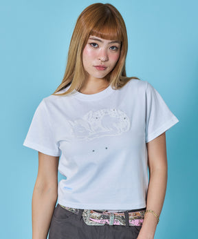 ※WEB限定 sqnz star bambi pt tee / 半袖 クルーネック プリント ワンポイント 加工 ユニセックス レイヤード アニマル ホワイト