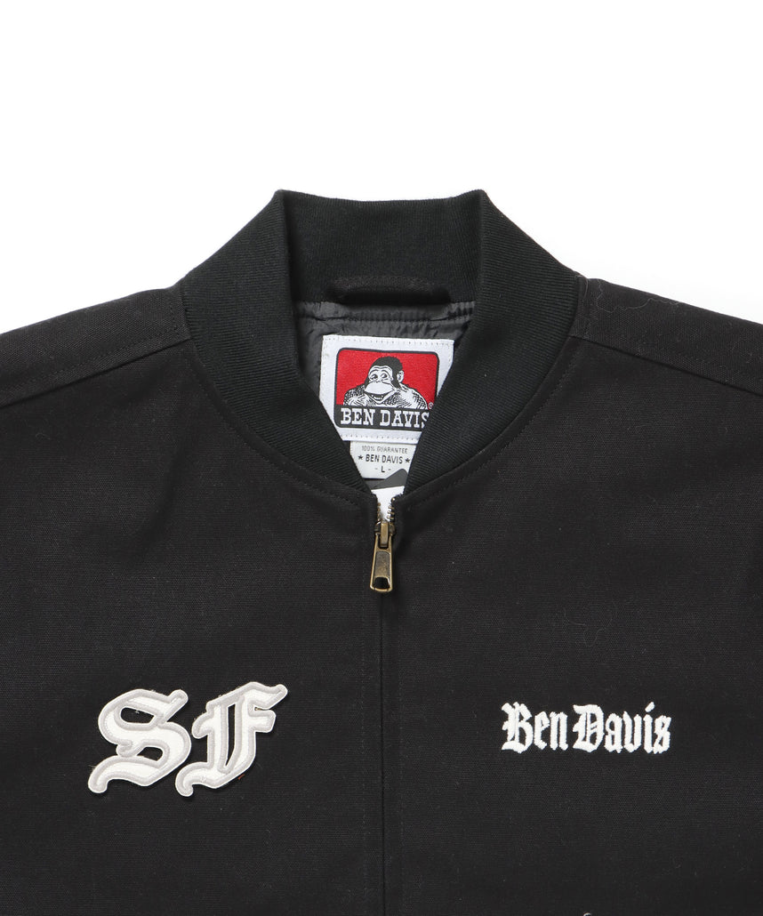 MECHANIC EMB RIBBED JACKET / ワーク ジャケット 刺繍 ジャケット ダック アウター ブラック