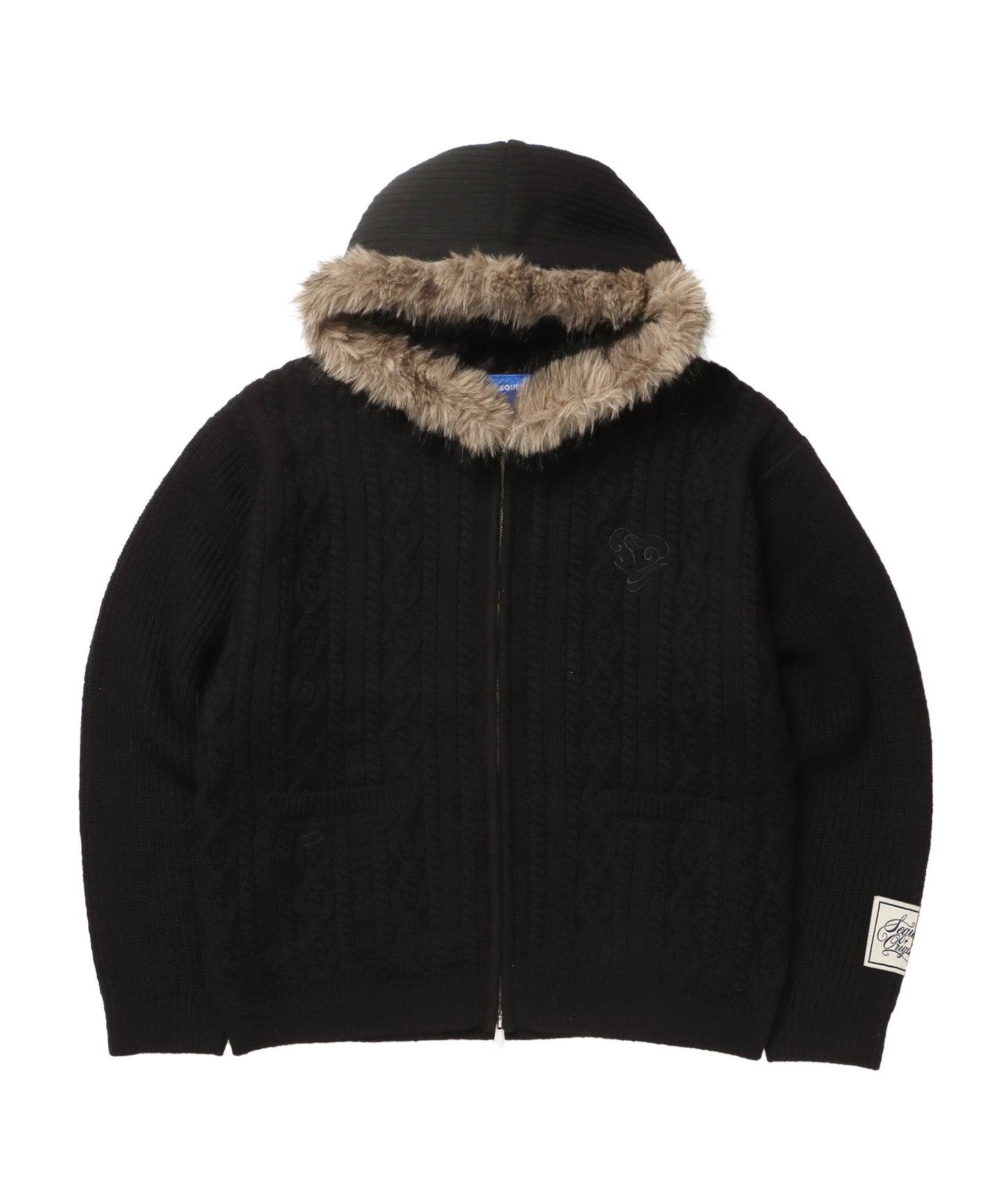 FUR CABLE KNIT ZIP-UP HOODIE / ニット ジップパーカー 刺繍 ファー ケーブルニット ブラック