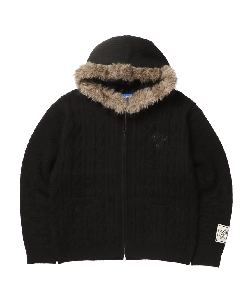 FUR CABLE KNIT ZIP-UP HOODIE / ニット ジップパーカー 刺繍 ファー ケーブルニット ブラック