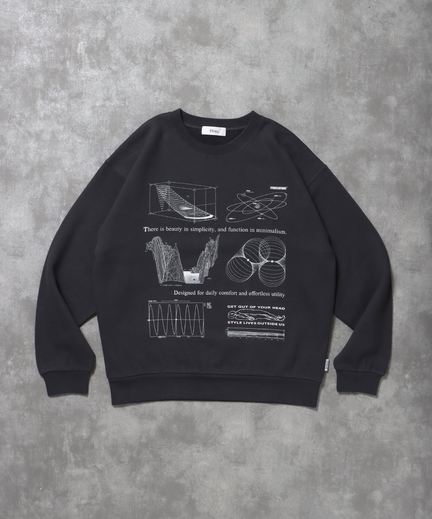 ヘビーウエイト線画プリントスウェット / 裏起毛 スウェット クルーネック ワンポイント プリント チャコール