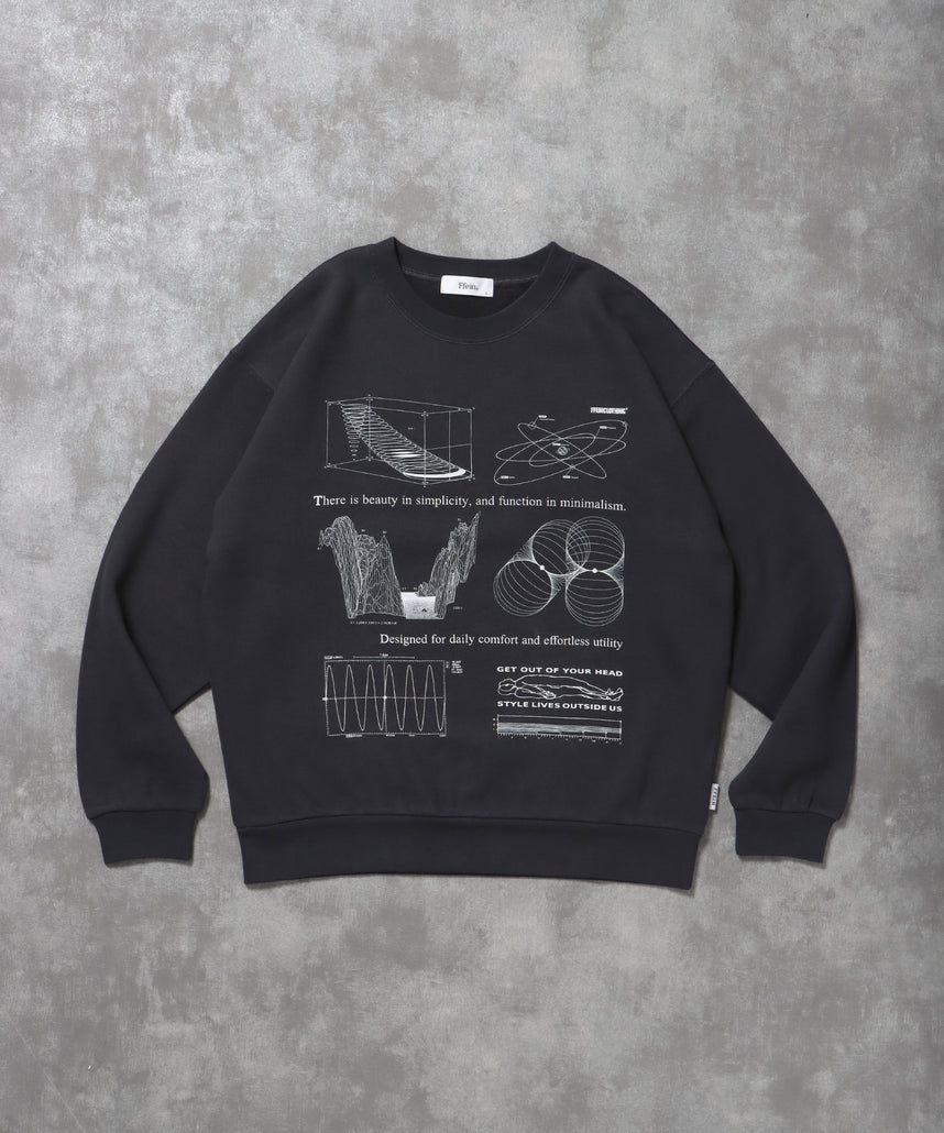 ヘビーウエイト線画プリントスウェット / 裏起毛 スウェット クルーネック ワンポイント プリント チャコール
