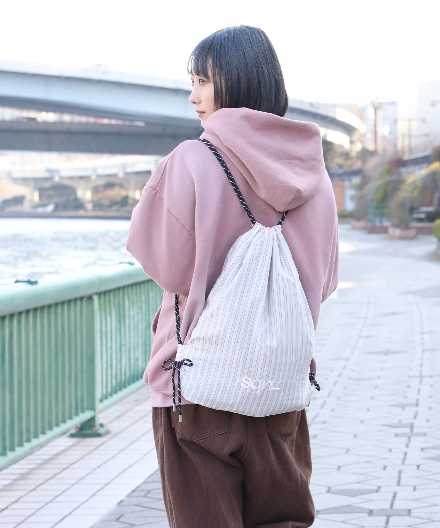 sqnz dairy 2way knapsack / ナップサック トートバック 2WAY チェック ストライプ ライトピンク