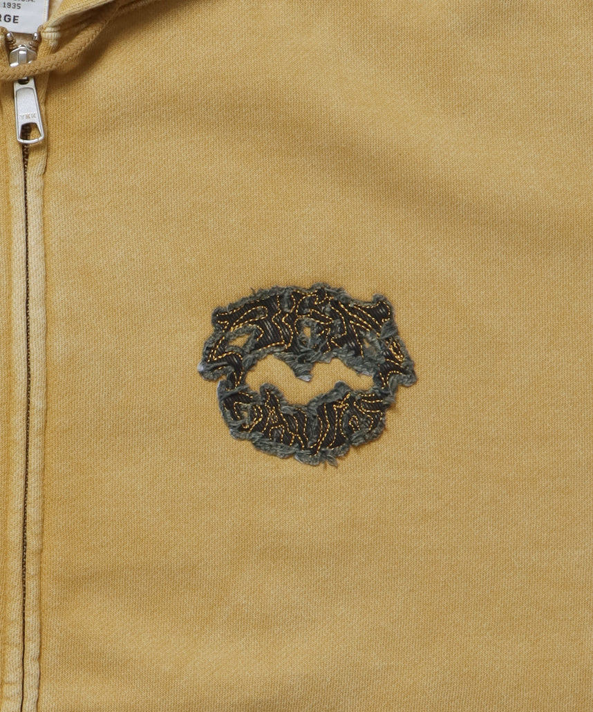 PATCHING BLEACH ZIP HOODIE / 加工 ジップパーカー ワッペン フーディ 裏起毛 マスタード
