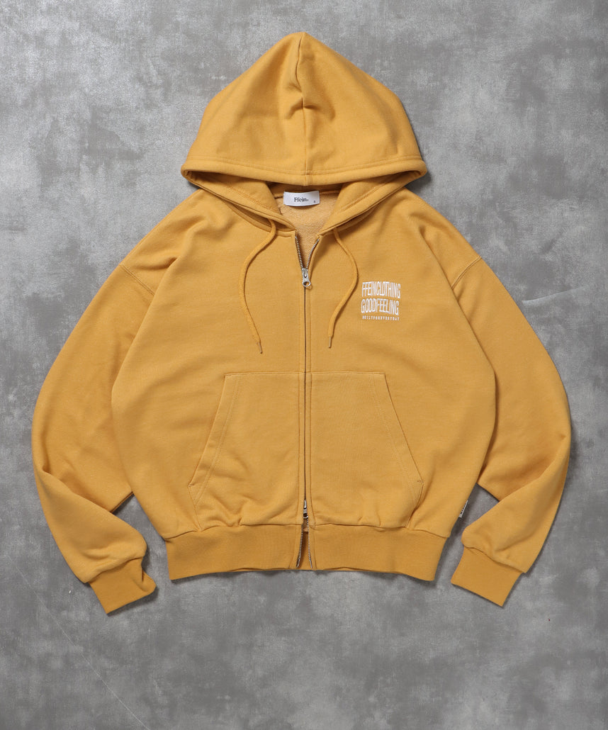 ヘビーウエイト3段ロゴメッセージジップパーカー / ジップ パーカー 裏毛 フーディ プルオーバー イエロー