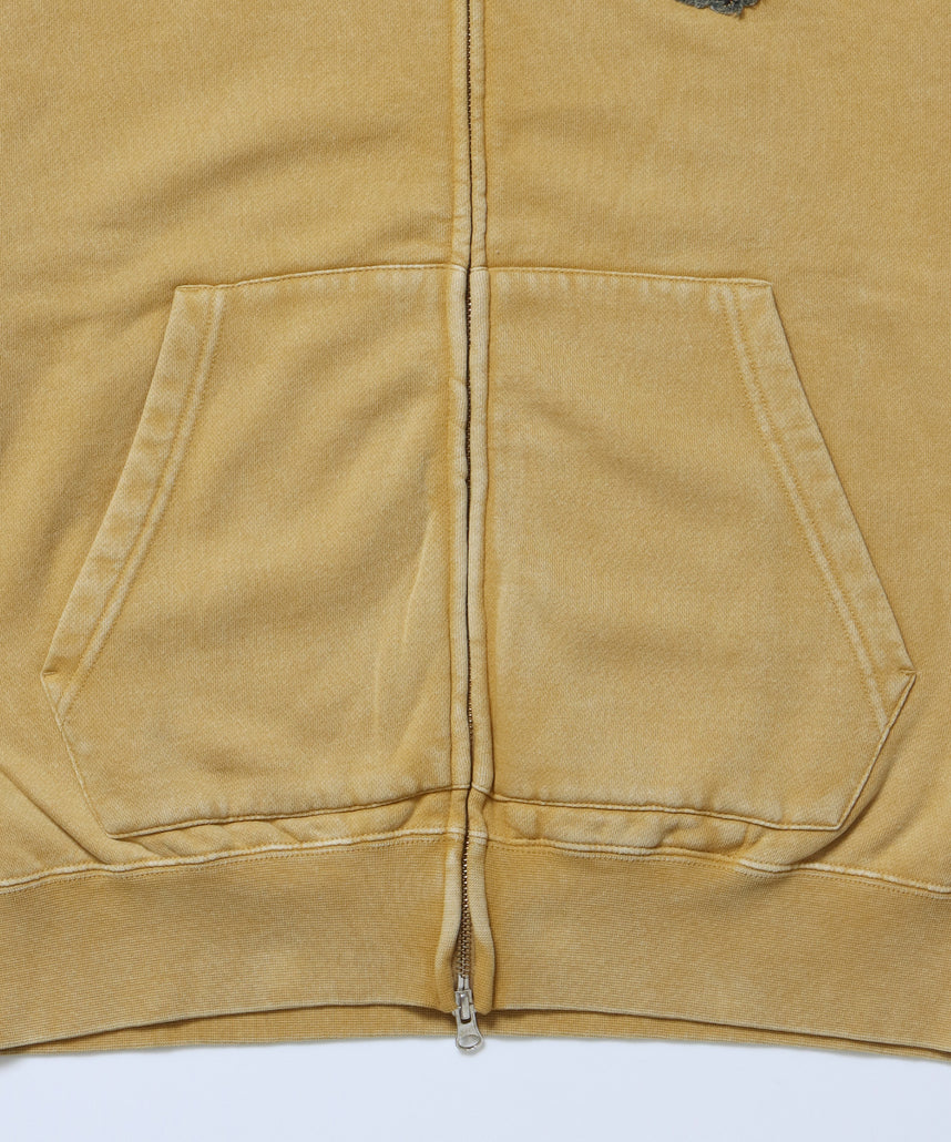 PATCHING BLEACH ZIP HOODIE / 加工 ジップパーカー ワッペン フーディ 裏起毛 マスタード